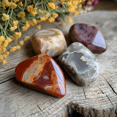 Earthy Collection, Polished Agate Stones Arranged with Delicate Floral Accents on Rustic Wood, Evoking Natural Beauty and Tranquility