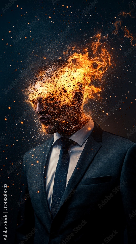 Poster businessman experiencing burnout, symbolized by an exploding head of flames and particles against a 