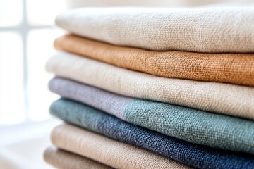 A stack of folded fabrics in pastel tones. Generative AI
