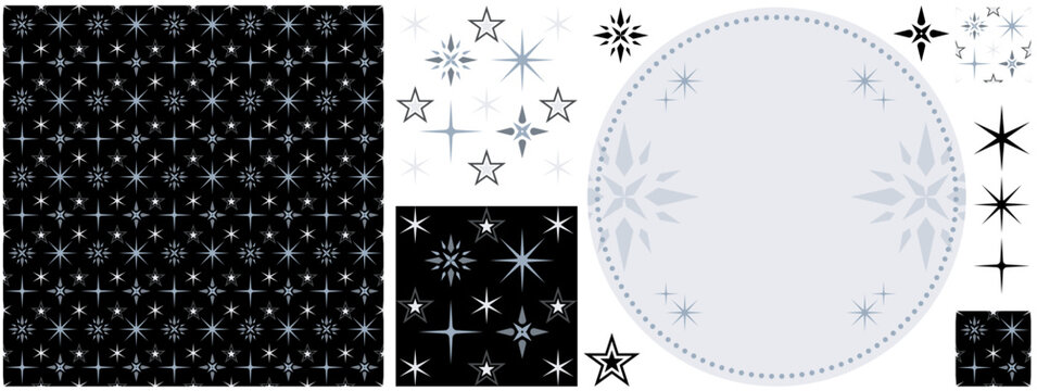 シームレスパターンテクスチャーと装飾図案デザイン「キラキラ星」灰青色黒背景（Seamless pattern texture and decorative design "Twinkle Twinkle Star" Gray-blue Black Background.）
