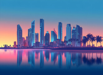 Obraz premium Futuristic Metropolis Reflection, A Vibrant Cityscape at Dusk with Palm Trees and Gleaming Skyscrapers Overlooking Calm Waters