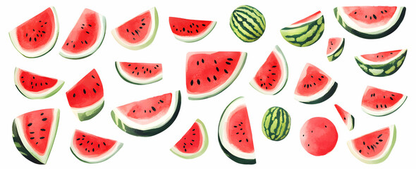 Vibrant watercolor watermelon slices scattered on a white canvas, summer refreshment and juicy sweetness, a delightful fruity pattern