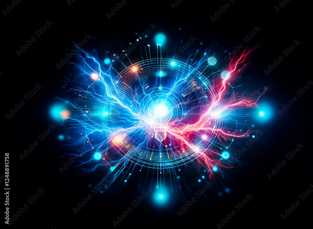 Aufkleber a glowing light bulb is at the center, surrounded by a circular network of vibrant light lines and d