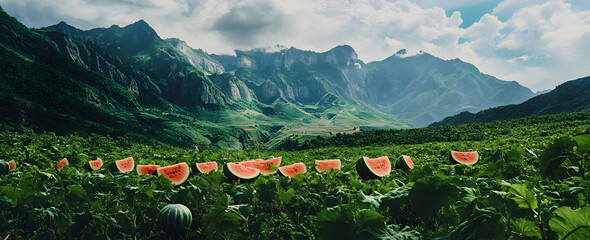 Picturesque mountain vista framing a flourishing watermelon patch under a cloudy sky, offering a...