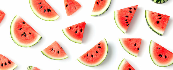 Vibrant watermelon slices arranged on a stark white background creating a refreshing summer aesthetic showcasing the fruit's bright colors and texture