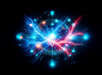 A glowing light bulb is at the center, surrounded by a circular network of vibrant light lines and dots, creating an abstract technology concept on a dark backdrop.