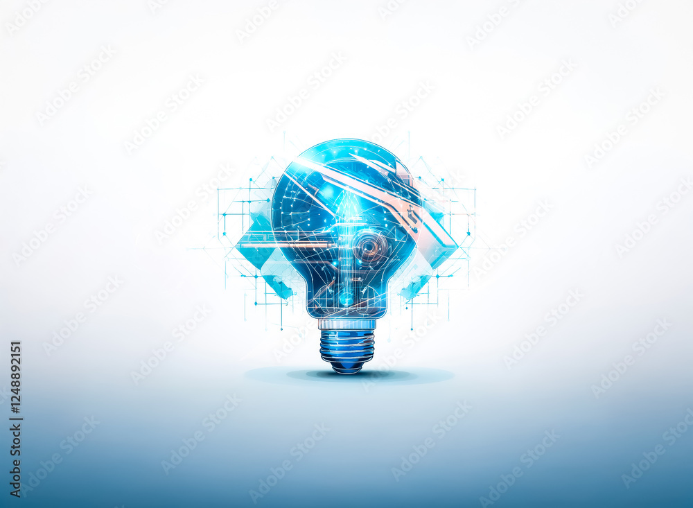 Poster blue light bulb with digital network lines and squares on white and light blue background, represent