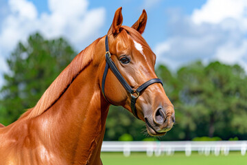 Obraz premium Close-up of a powerful chestnut horse with a glossy coat - Ideal for Animal Lovers and Equestrian Enthusiasts