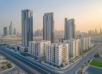 Fototapeta premium Aerial View of Modern Dubai, Skyscrapers and Urban Development Under a Hazy Sky Offering a Glimpse into Contemporary Metropolitan Living