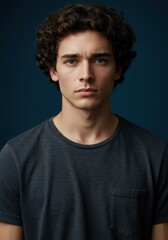 Obraz premium Portrait of a Young Man with Curly Hair and Serious Expression in Casual T-Shirt, Ideal for Lifestyle and People-Focused Content.