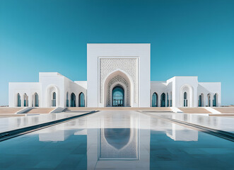 Striking architecture of a white mosque reflected in serene waters under a clear sky creating a peaceful and artistic composition