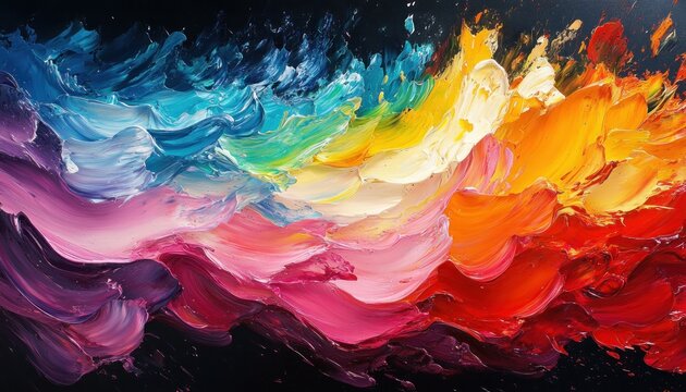 vibrant abstract painting swirling colors rainbow hues impressionistic brush strokes on black background