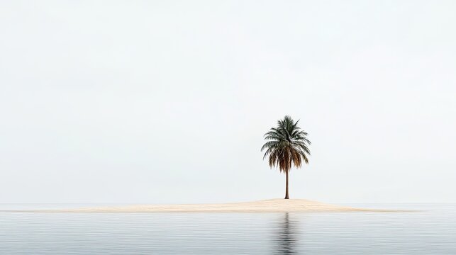 A solitary palm tree on a small sandy island in a vast tranquil ocean