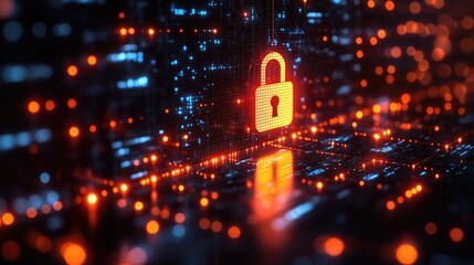 Digital representation of a secure lock amidst glowing data streams, symbolizing cybersecurity