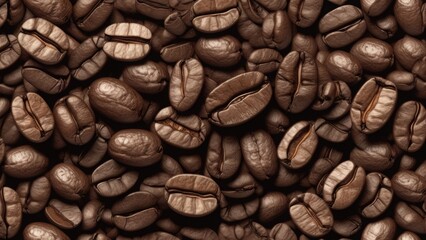 Close-up background of roasted coffee beans with rich brown tones and detailed texture. Aromatic and full of depth, perfect for coffee-related themes, cafes, and beverage advertising