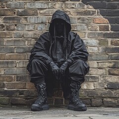Person in black hoodie sitting on brick wall with dark streetwear fashion realistic photography