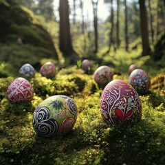 Colorful decorated eggs scattered in a vibrant woodland setting during springtime