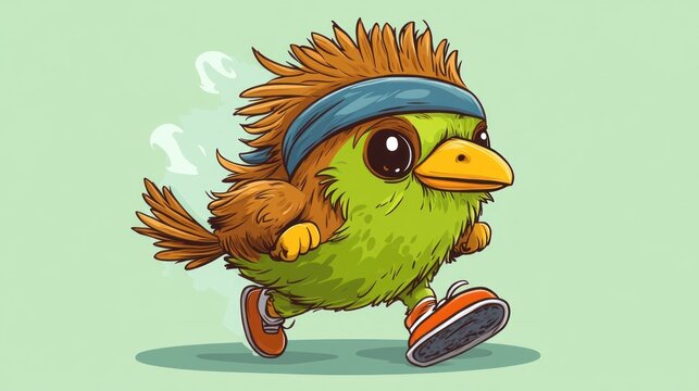 Running bird cartoon, fitness, green background, workout
