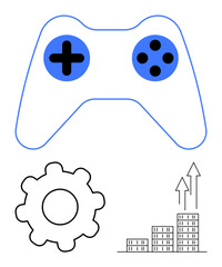 Gaming controller with gear icon and upward growth chart. Ideal for gaming, technology, business growth, development, innovation, analytics, progress. Abstract line flat metaphor