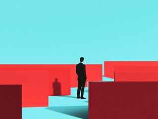 man in suit looking at red maze against blue sky