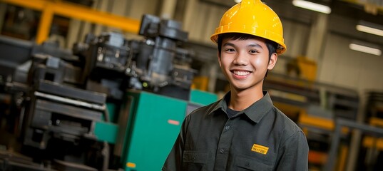 Confident. Young. Engineer. Portrait of a Smiling Industrial Worker in a Hard Hat, Factory Setting