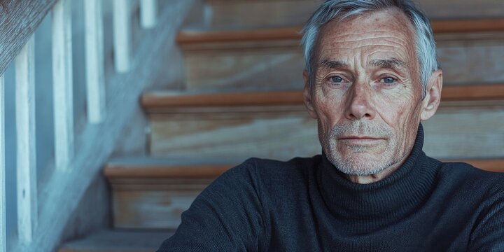 Portrait of elderly man in sweater seated on wooden stairs reflecting wisdom - Powered by Adobe