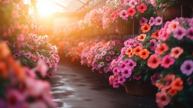 Colorful Hanging Baskets Of Petunias In Greenhouse