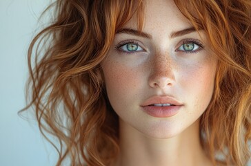 Naklejka premium Beautiful model with long wavy red hair smiling in natural light fashion portrait beauty and care treatment