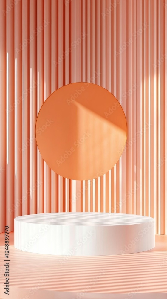 Poster vibrant 3d backdrop featuring an orange cylinder podium surrounded by a white pedestal in a circular