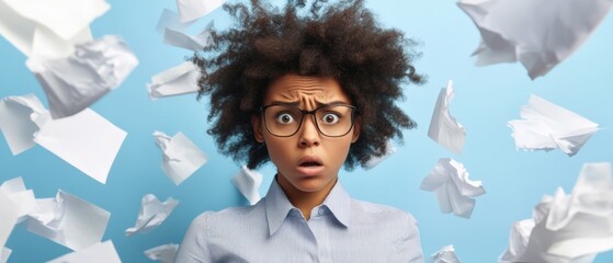 woman overwhelmed with paperwork falling around her