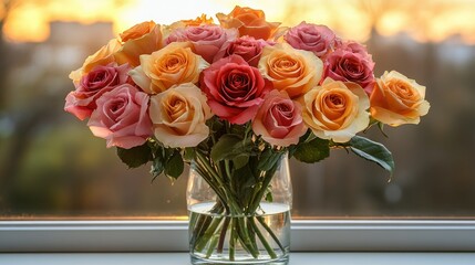 Obraz premium Sunset Roses: A Bouquet of Warm Hues Illuminating a Windowsill