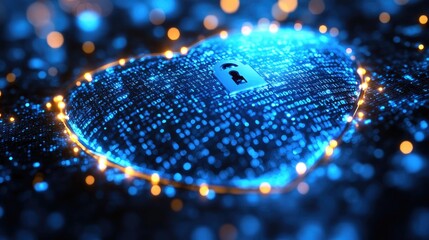 Digital heart shape made of glowing particles with a padlock symbolizing cybersecurity and protection