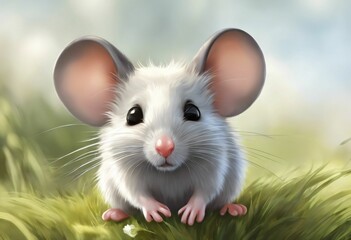 Adorable cartoon mouse on grass