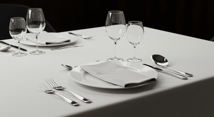 Elegant Table Setting with Silver Cutlery and Glassware for Fine Dining Experience