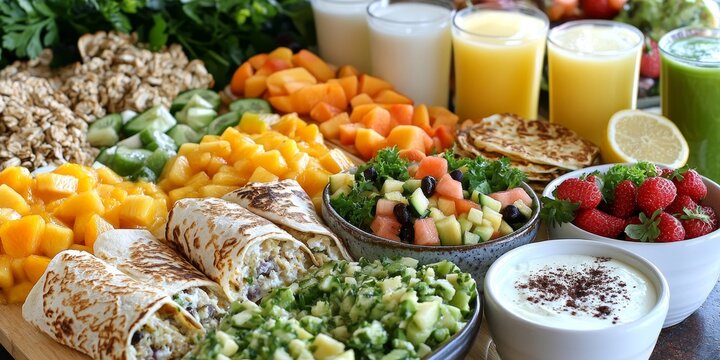 Vibrant and Healthy Breakfast Buffet Spread with Burritos, Fresh Fruit, Yogurt, and Smoothies