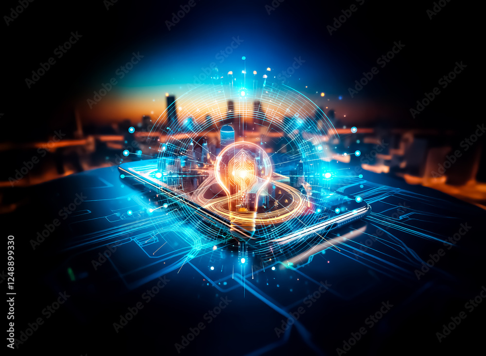 Poster a glowing light bulb surrounded by digital, circular elements on a dark background. it evokes concep