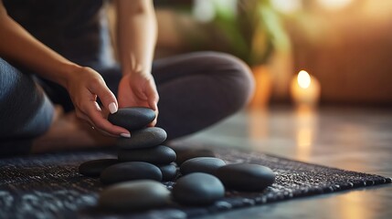 A massage therapist preparing warm stones for a treatment in a serene room