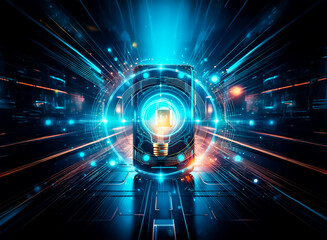 A glowing lock icon is displayed on a device screen, set against a futuristic tunnel with vibrant blue and orange neon lights, suggesting digital security in a cyber environment.