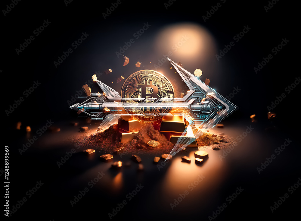 Poster a shiny gold bitcoin coin surrounded by gold bars and dust is illuminated against a dark background,