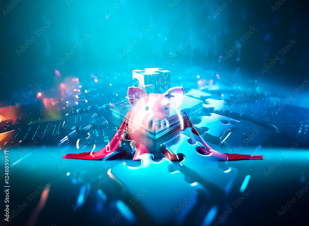 Poster Futuristic digital scene featuring a luminous metallic cube balanced on abstract puzzle pieces. Vibrant blue and orange lights create a technological, illuminated atmosphere.