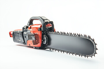 Selective focus chainsaw isolated on white background, Motor chainsaw for carpenter and lumberjack.