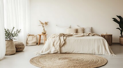 A minimalist bedroom featuring a soft rug and a simple bedding design
