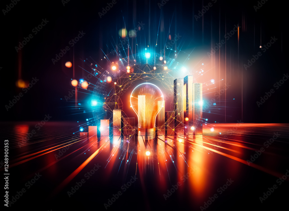 Aufkleber abstract golden bars ascend in a row on a reflective surface, illuminated by streaks of light agains
