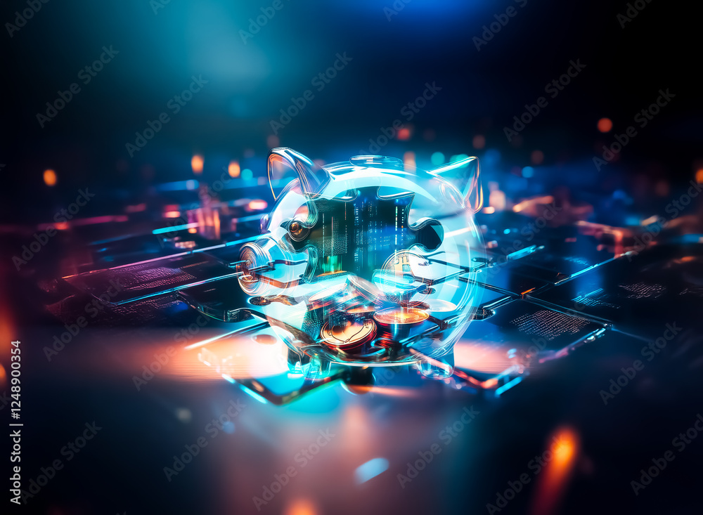 Poster a single puzzle piece glows brightly on a dark, reflective surface with illuminated circuit board el