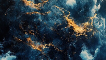 Obraz premium Cosmic Nebula: Gold Dust and Blue Swirls Dance Across the Dark Void, Creating a Stunning Celestial Masterpiece