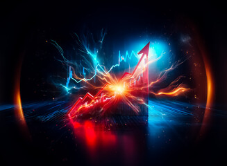 A vibrant red arrow dramatically ascends, symbolizing positive progress and market growth. The futuristic graph glows against a dark backdrop, suggesting financial success and upward trends.