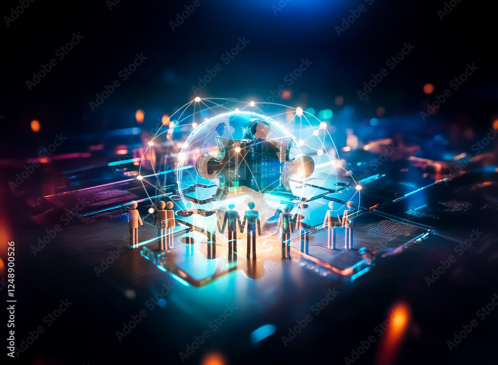 Poster a single puzzle piece glows brightly on a dark, reflective surface with illuminated circuit board el