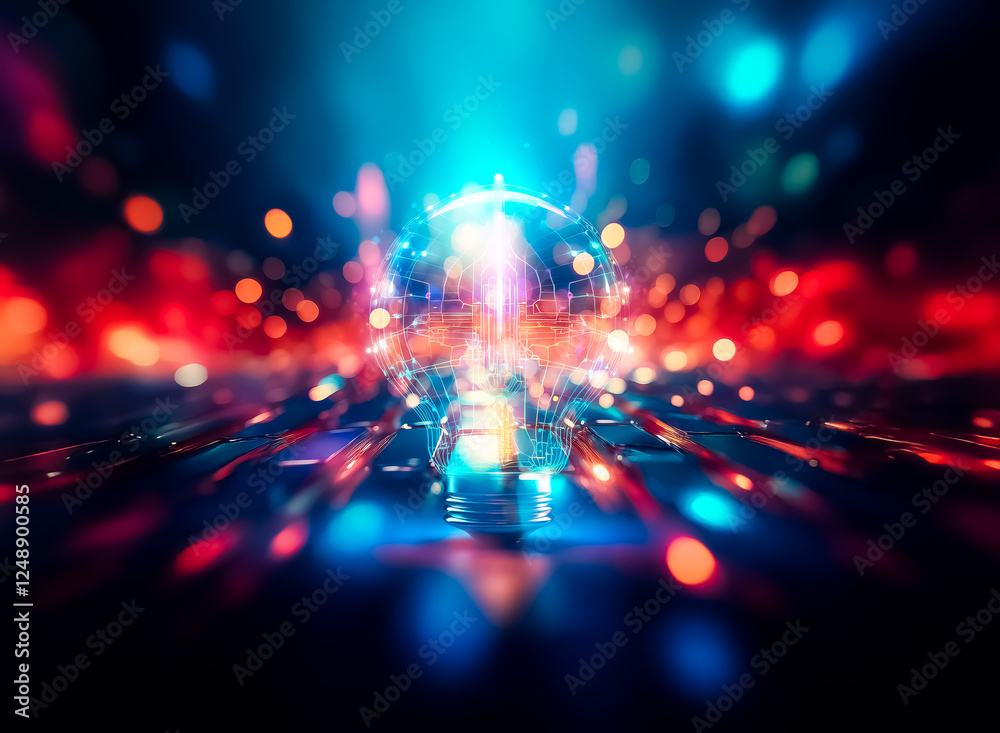 Fototapete abstract image with vibrant bokeh lights in red, orange, and blue hues, over a dark structured surfa