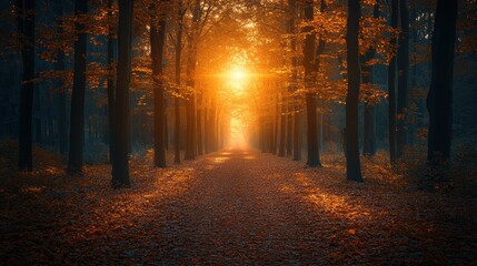 Obraz premium Sunlit autumn forest path, misty morning, nature scene, wallpaper