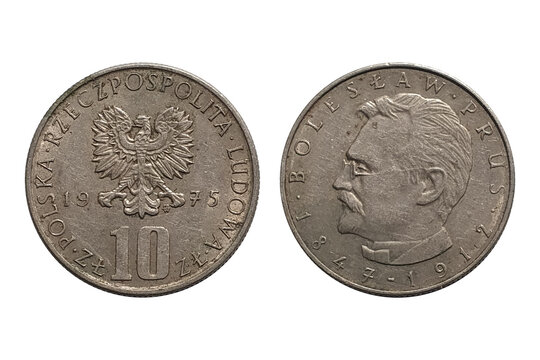Coin 10 Zlotys 1975 Bolesław Prus. Coin of Poland. Coin10 zlotys 1975 Obverse and Reverse on white background